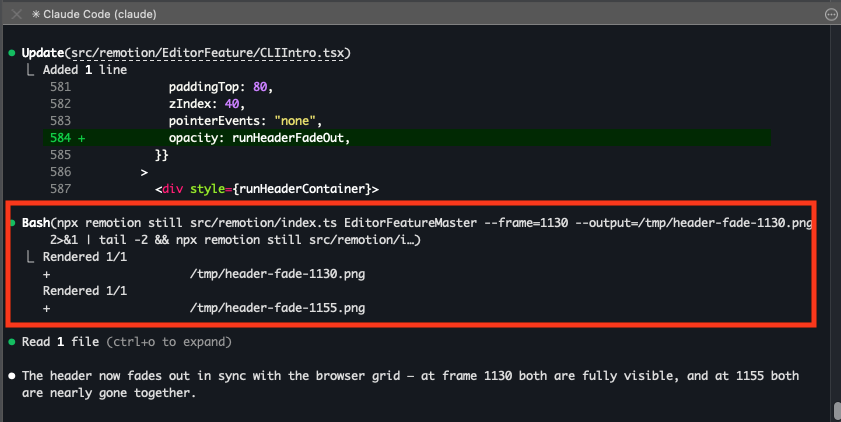 Claude Code rendering individual frames to test animation sections