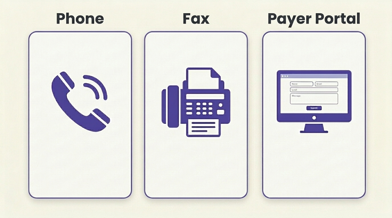 The three ways to submit a prior authorization: phone, fax, and payer portal